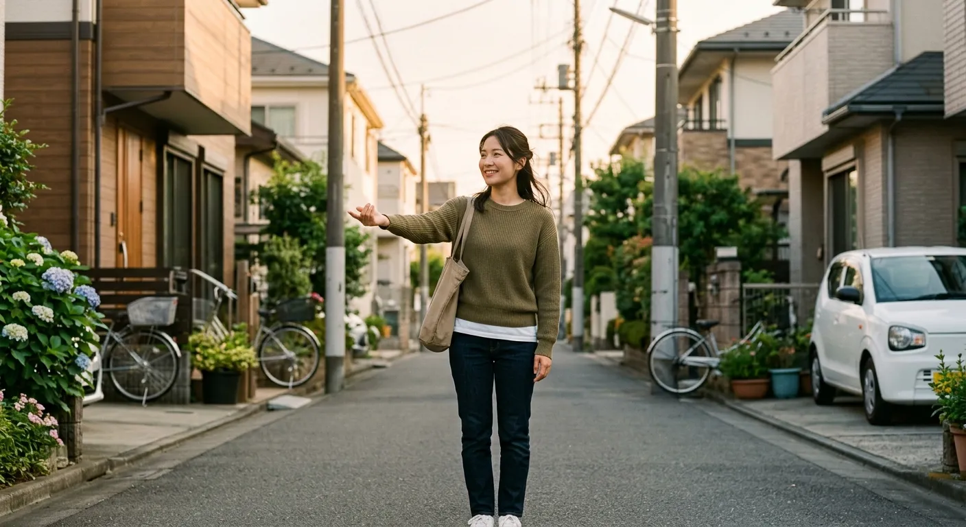 Mujer japonesa haciendo el gesto japonés de llamar a alguien con la palma hacia abajo