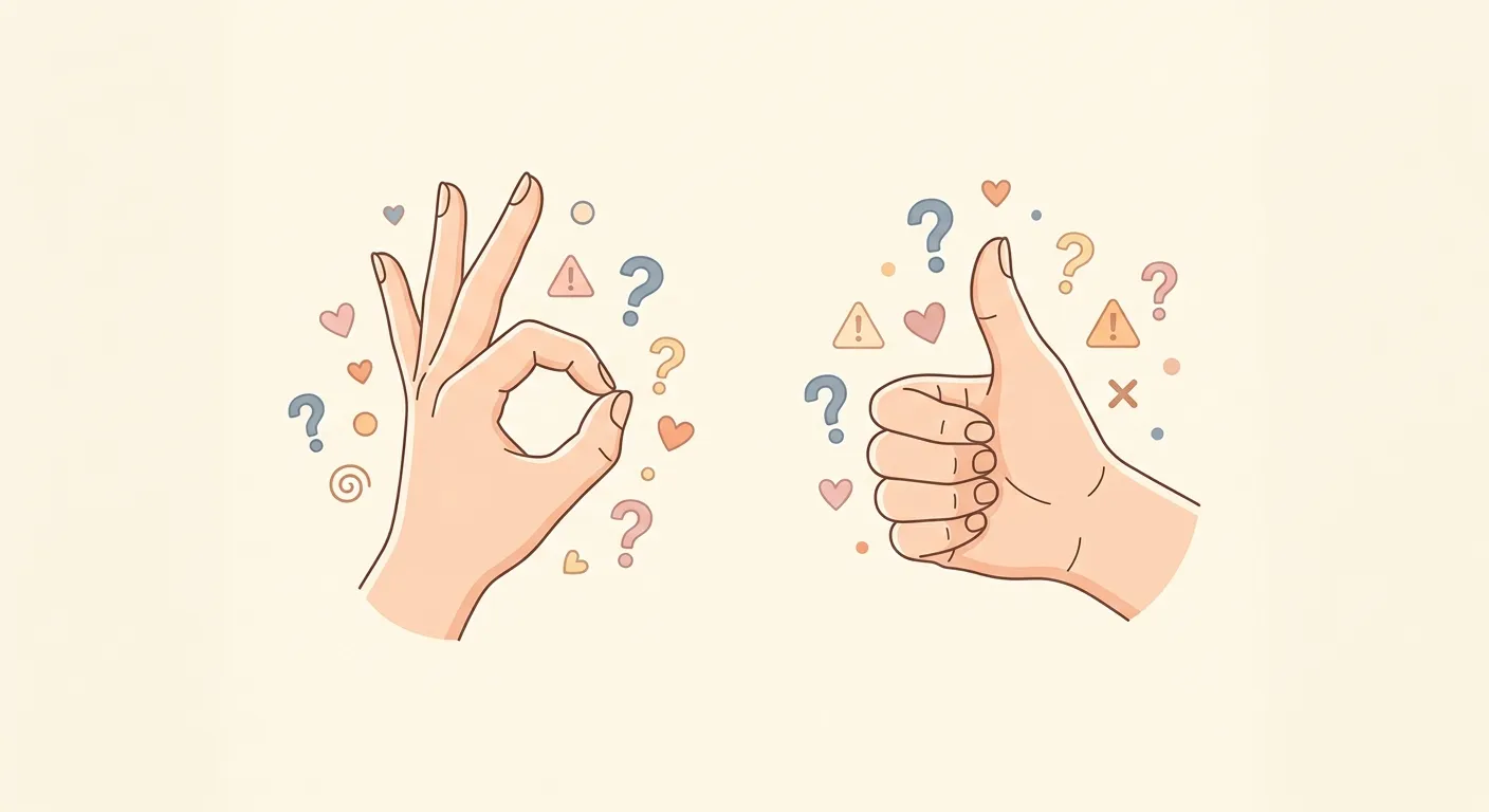 Ilustración minimalista de dos gestos universales con símbolos sugiriendo diferentes interpretaciones culturales