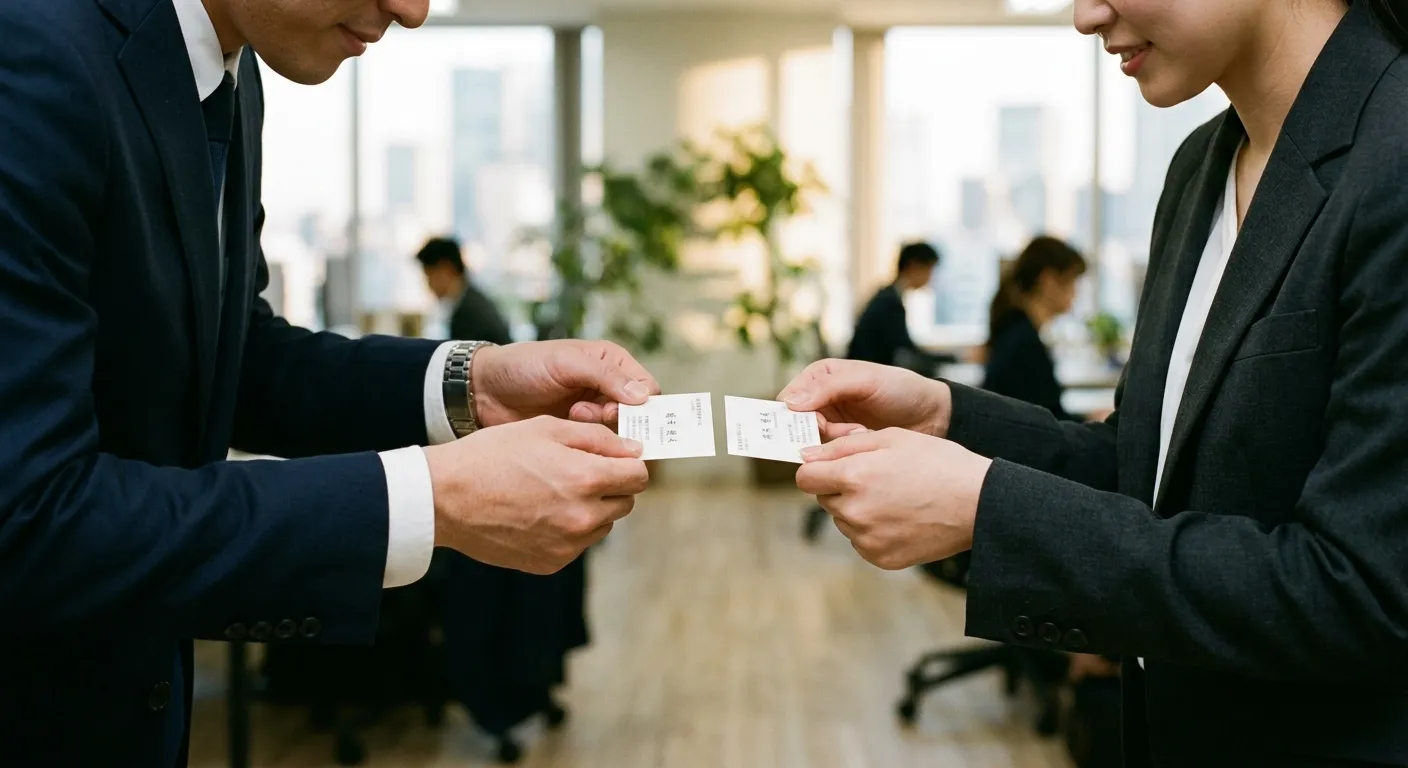 Intercambio de tarjetas de presentación meishi con ambas manos en un ambiente de negocios