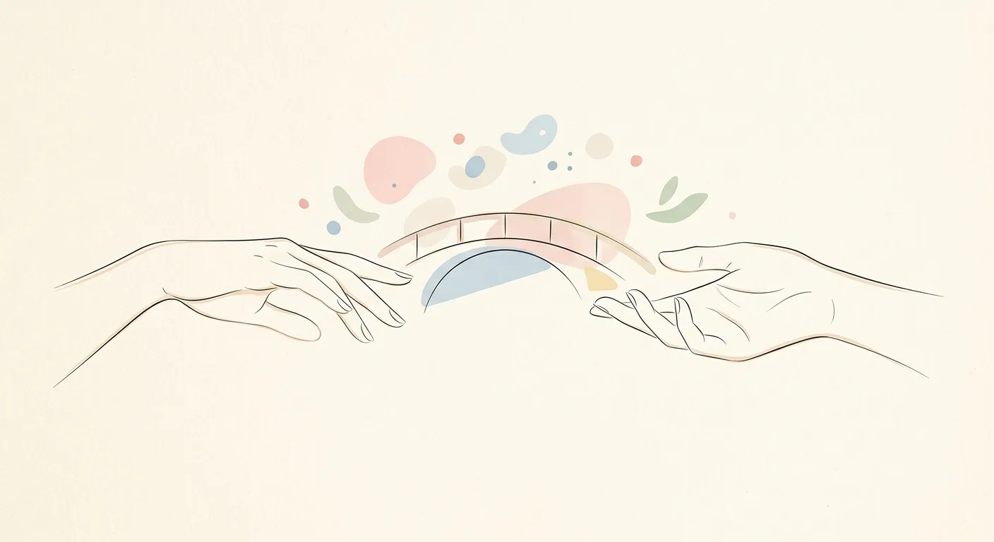 Ilustración minimalista de dos manos conectadas a través de un puente abstracto, simbolizando el entendimiento cultural