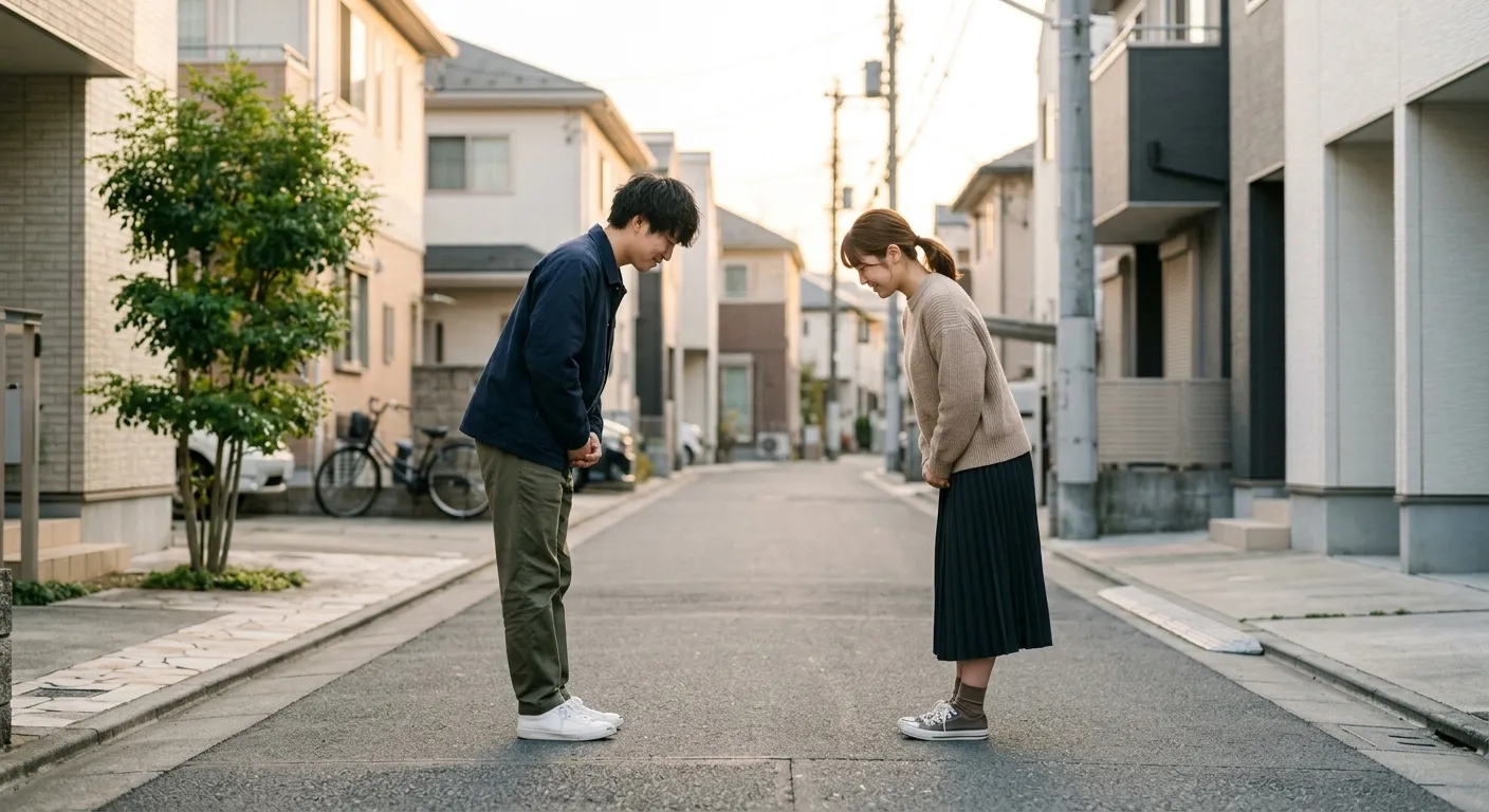 Dos jóvenes intercambiando una reverencia suave en una calle tranquila de Tokio al atardecer