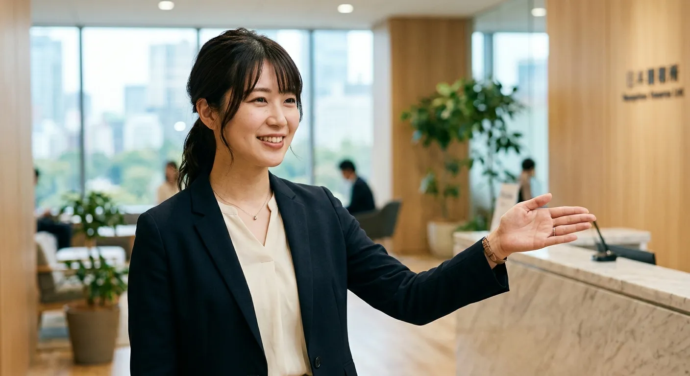 Mujer japonesa señalando una dirección con la palma abierta, el modo polite en lugar de usar el dedo índice