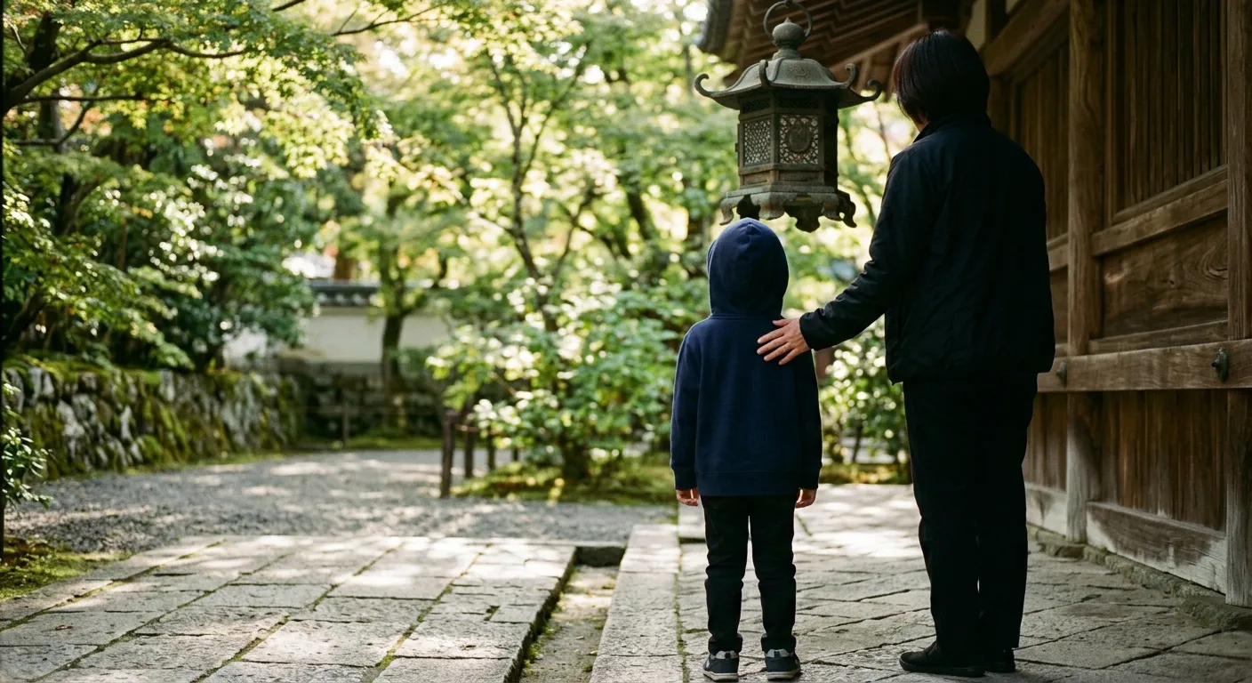 Niño japonés visto de espaldas frente a un templo, con la mano del padre en el hombro, simbolizando el respeto a la cabeza