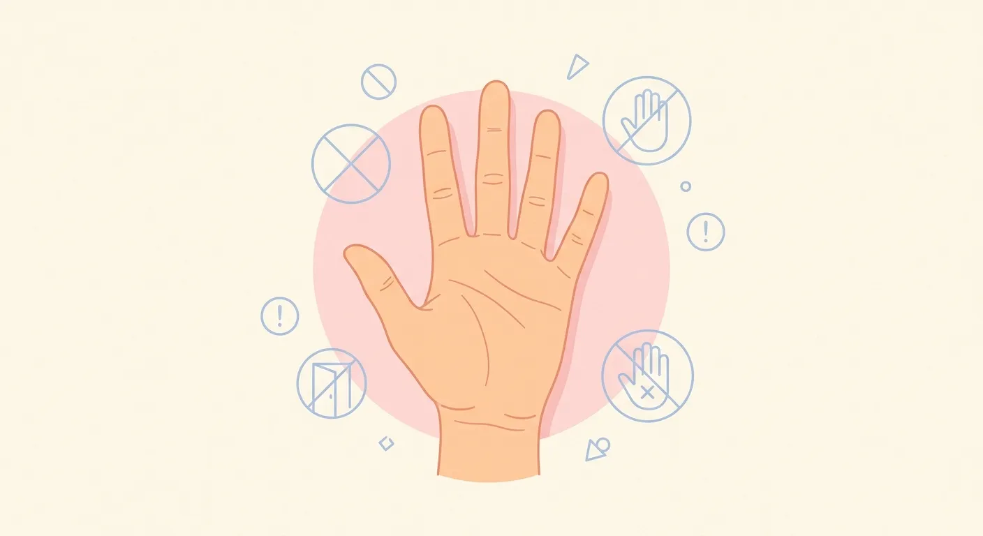 Ilustración minimalista de una mano abierta con símbolos suaves de advertencia cultural