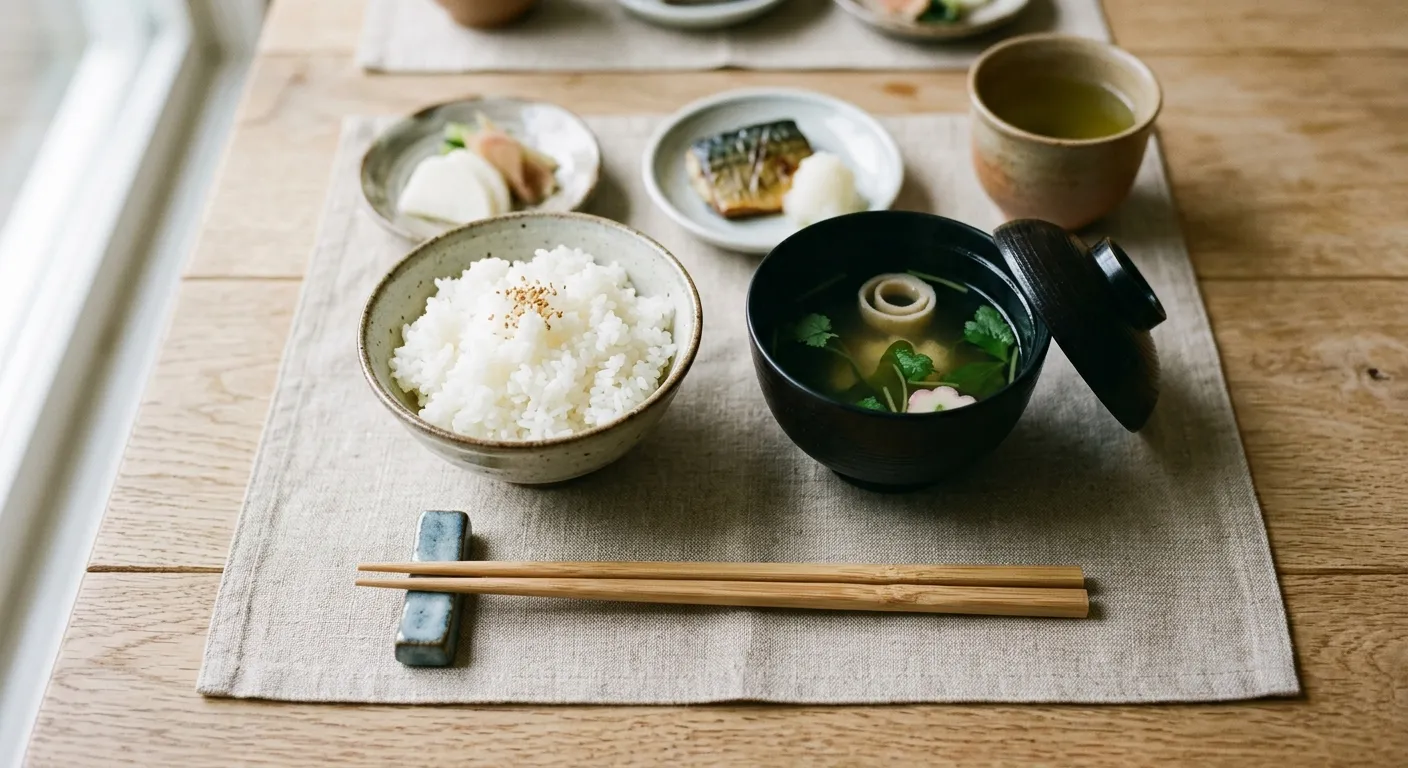 Palillos japoneses correctamente colocados en un soporte junto a un cuenco de arroz, mostrando los modales adecuados
