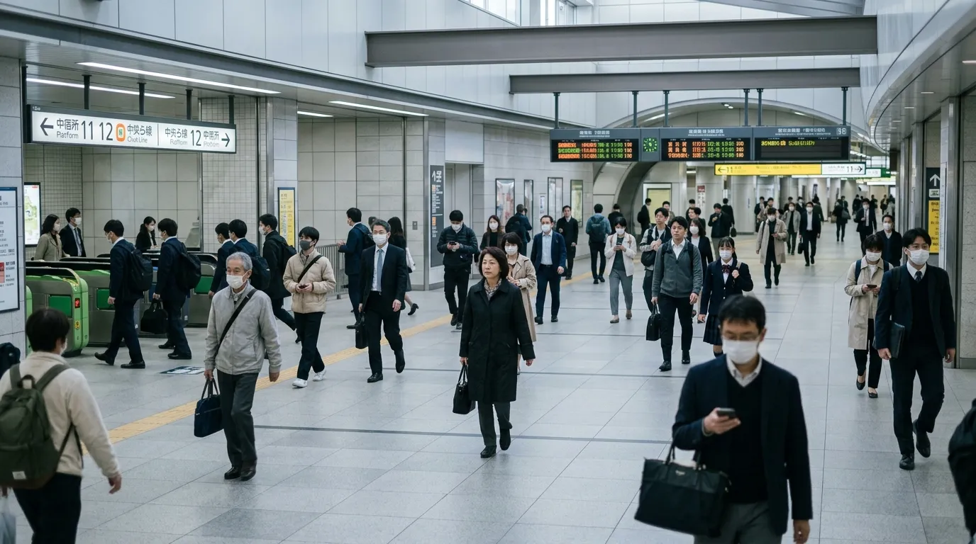 Estación de metro de Tokio con commuters caminando en orden silencioso, simbolizando el comportamiento público japonés
