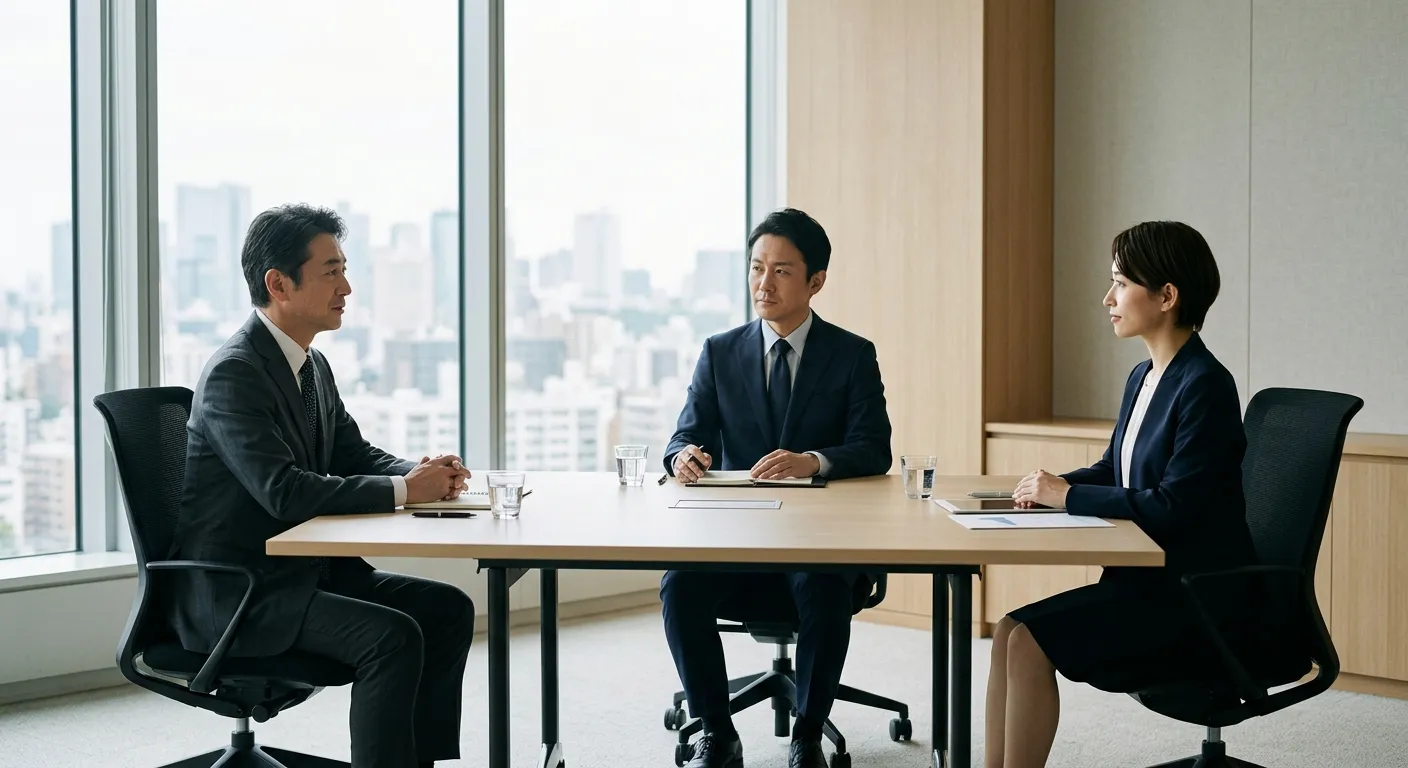Sala de reuniones profesional japonesa con tres ejecutivos manteniendo posturas formales y respetuosas
