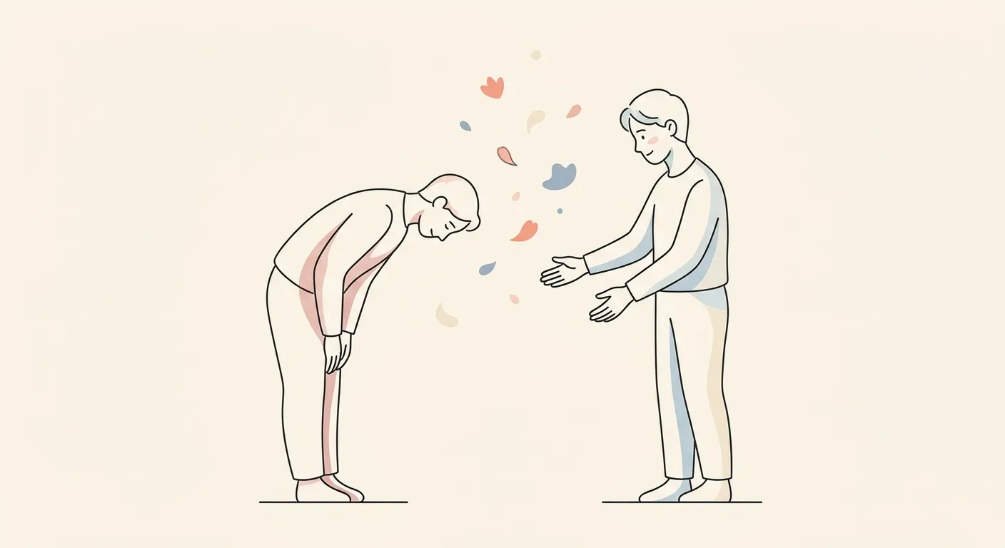 Ilustración minimalista de una figura inclinándose disculpándose ante otra que la recibe con apertura