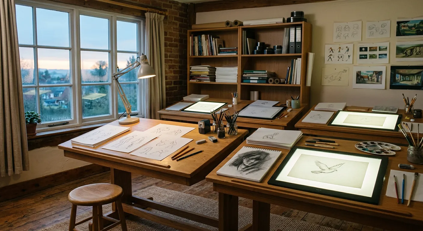 Una modesta sala de estudio de animacion al amanecer con mesas de dibujo