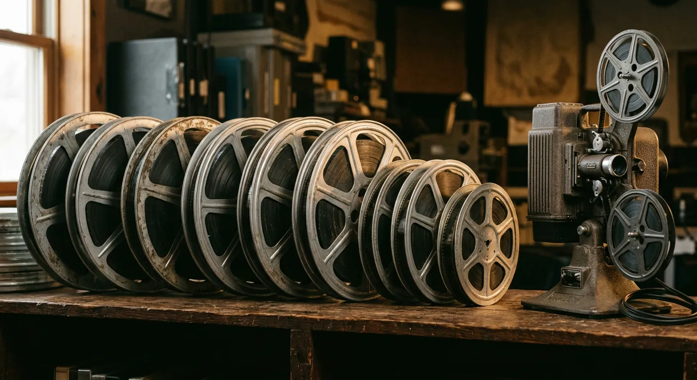 Una fila de rollos de pelicula y un proyector, simbolo de una filmografia