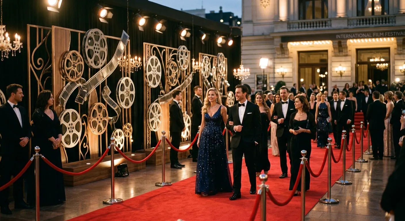 Una alfombra roja y focos de una gala de cine, reconocimiento internacional