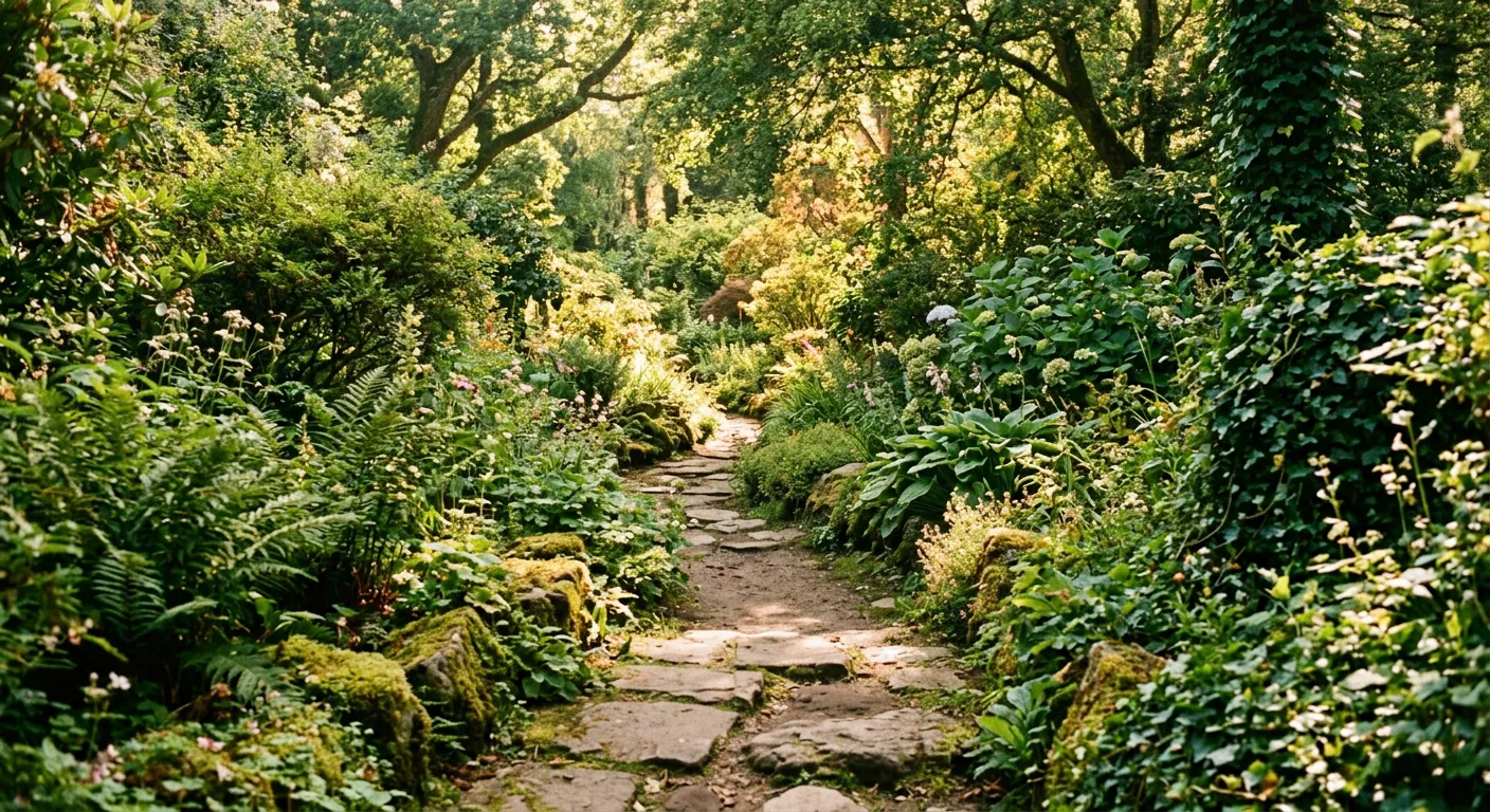 Un sendero de jardin verde y magico entre la vegetacion y la luz