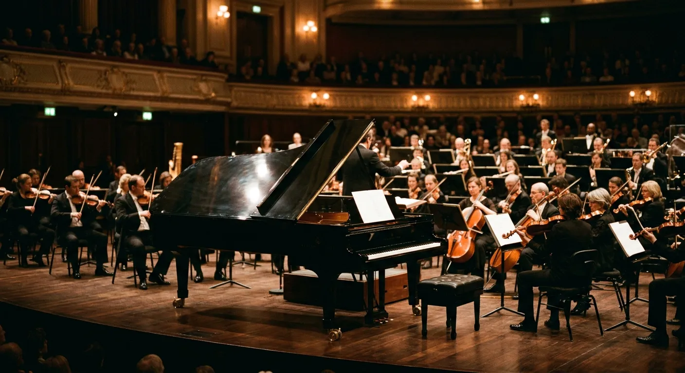 Un piano de cola y una orquesta en un auditorio, la musica del cine