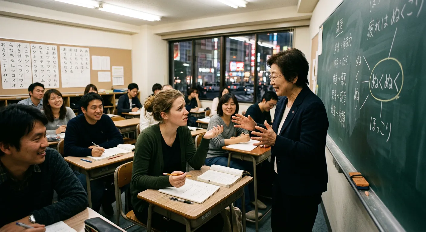 Un estudiante confundido en un aula de idiomas cerca de Shibuya