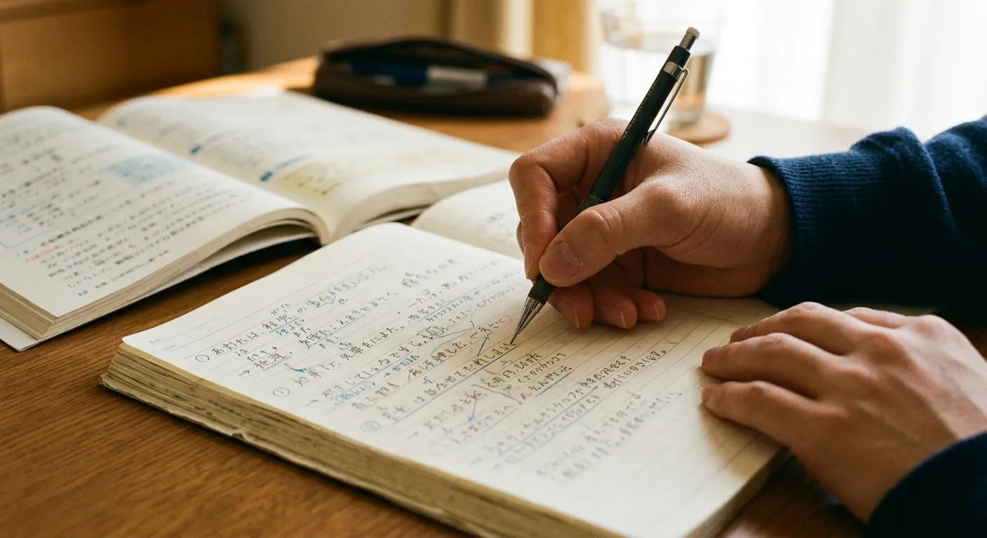 Las manos de un estudiante construyen frases en un cuaderno