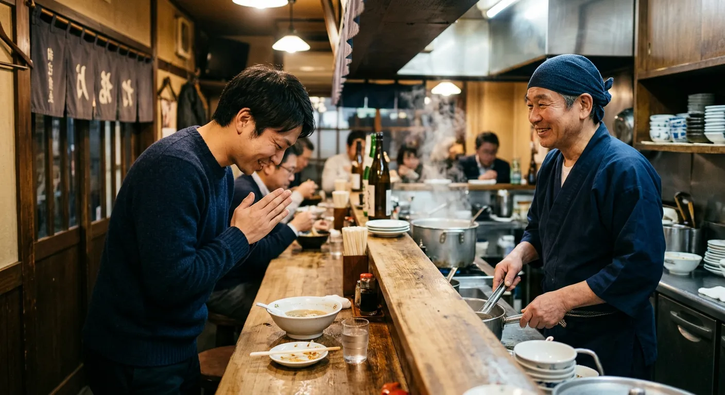 Un cliente agradece con gochisousama al cocinero tras comer