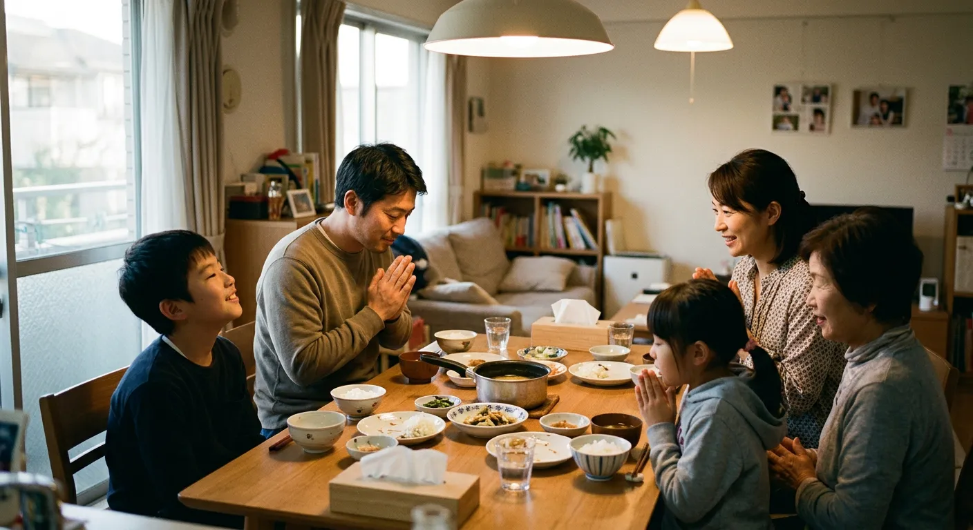 Una familia japonesa moderna dice gochisousama al terminar la cena