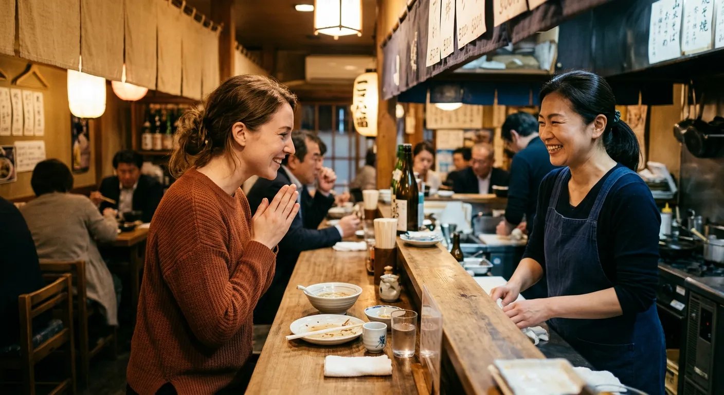Un viajero extranjero dice gochisousama tras comer en un local japones