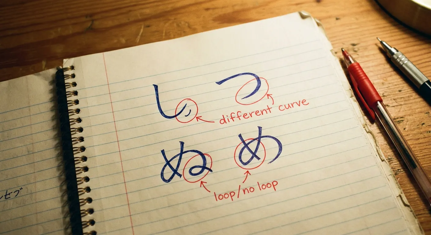 Cuaderno con caracteres し y つ, ぬ y め comparados y diferencias marcadas en rojo