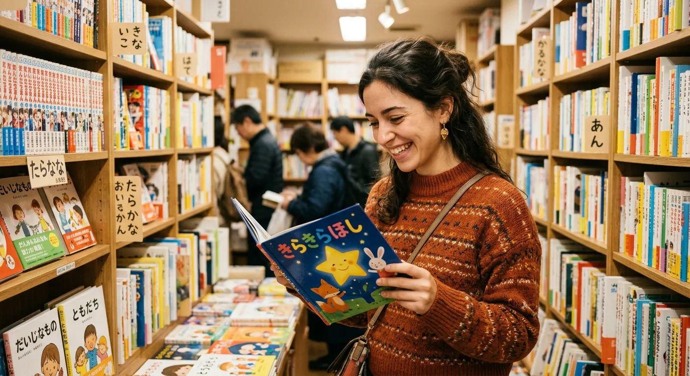 Joven castellana en librería japonesa tomando un libro infantil con hiragana encantada