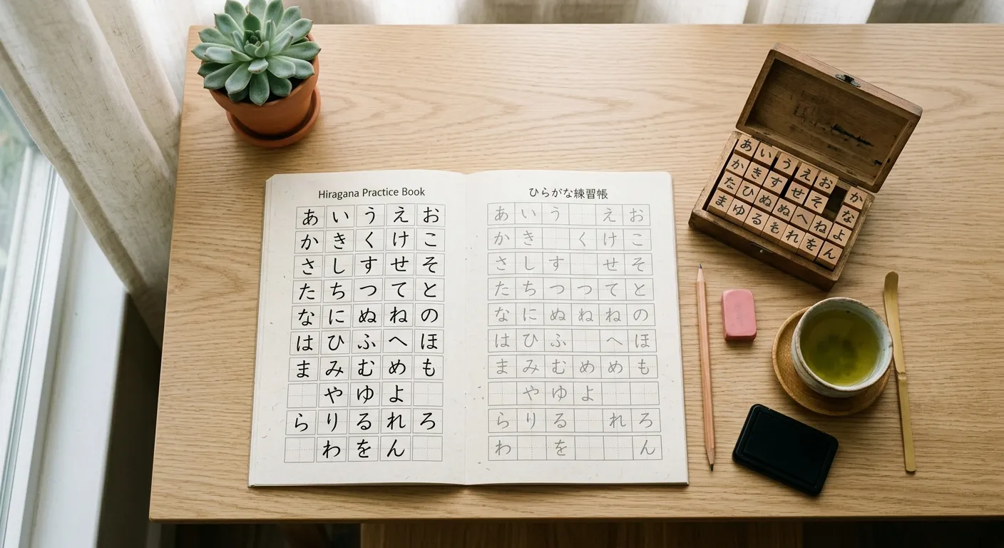 Libro de práctica de hiragana abierto en la tabla gojūon junto a sellos de madera con caracteres kana y té verde