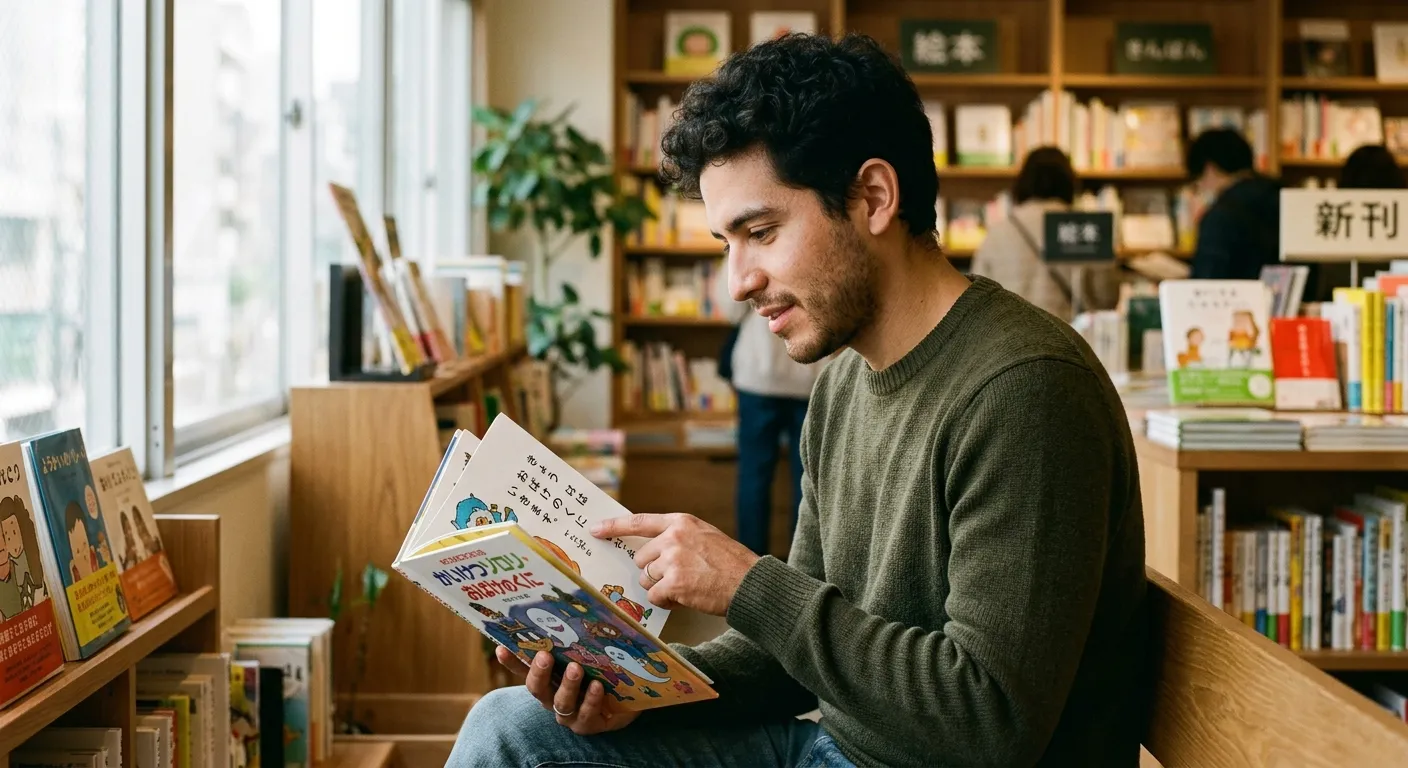 Joven latino leyendo un libro infantil japonés en una librería moderna, siguiendo los hiragana con el dedo
