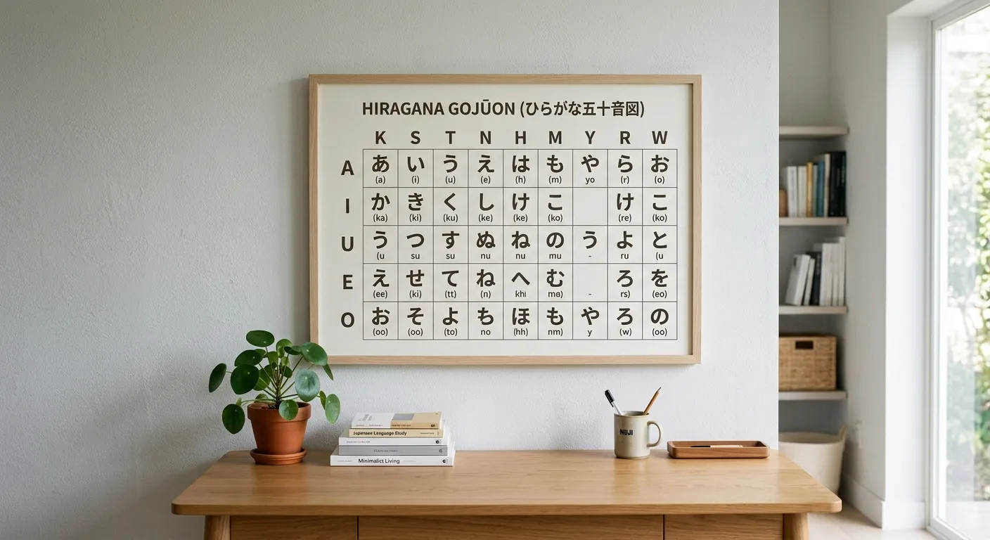 Tabla gojūon de hiragana montada en la pared de una sala de estudio moderna con escritorio minimalista