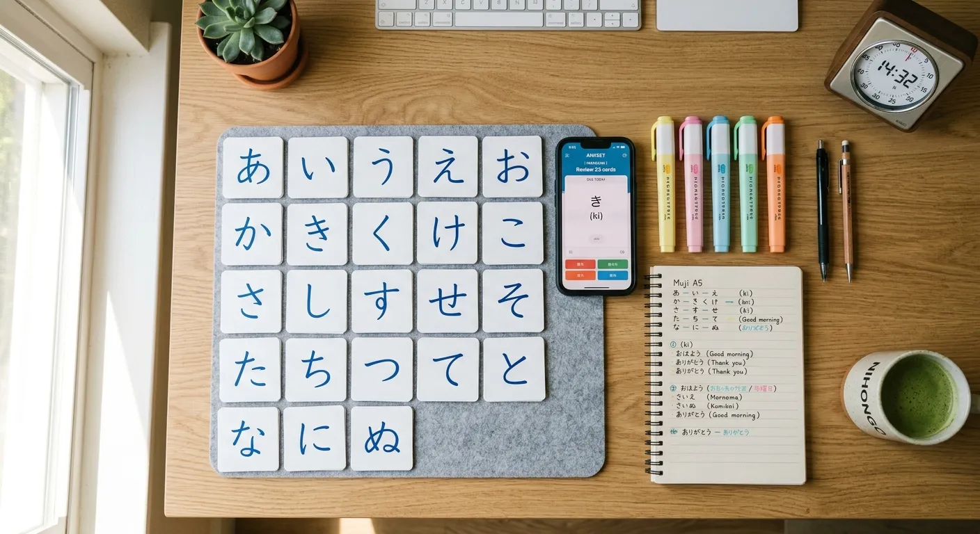 Escritorio con tarjetas de hiragana, smartphone con app de repetición espaciada, temporizador y notas