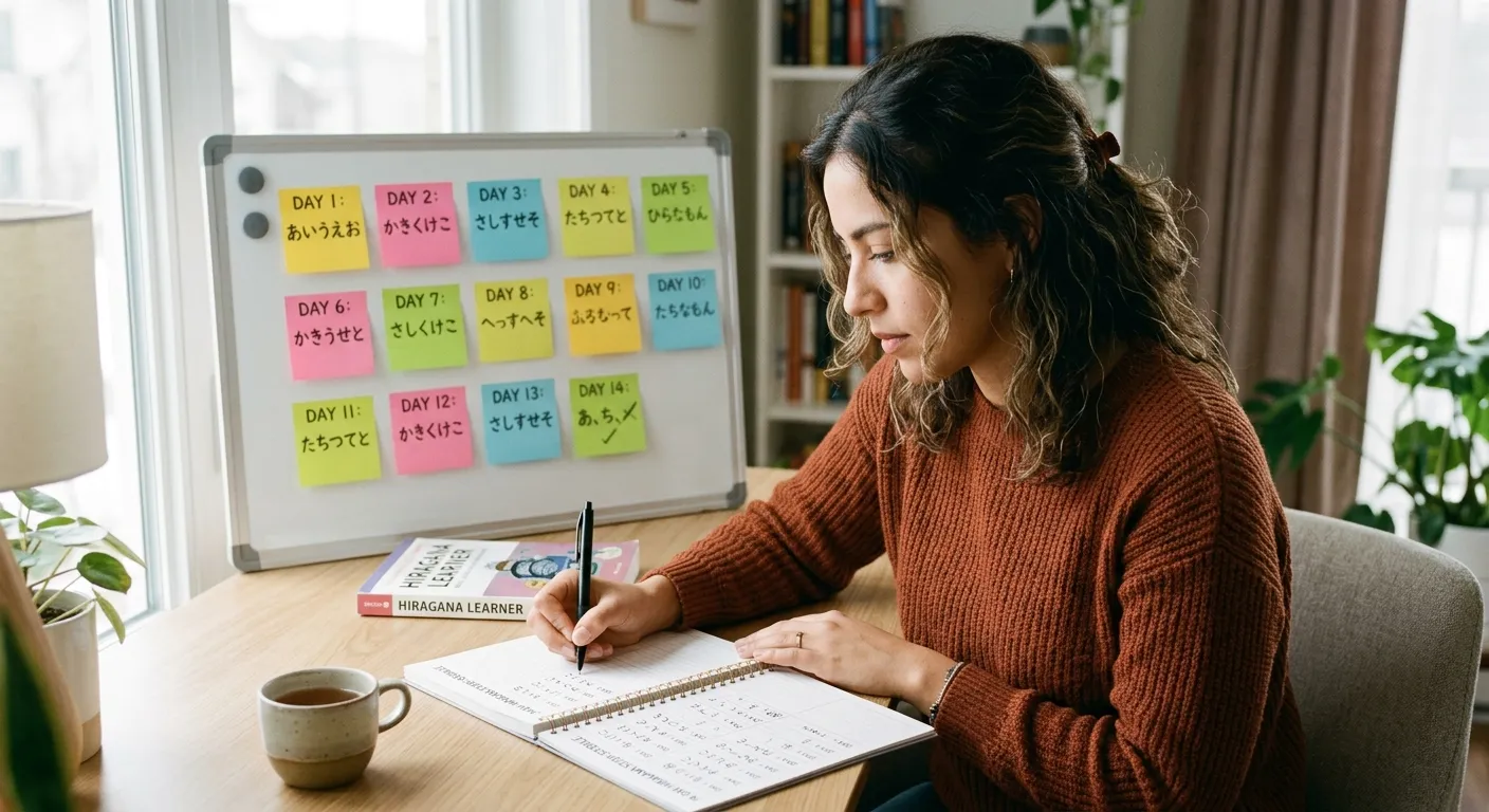 Joven latina escribiendo en un planificador con horario de estudio de hiragana de 14 días junto a notas adhesivas