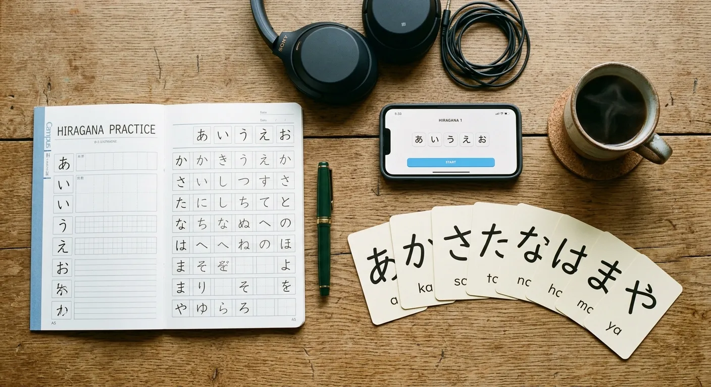 Composición flat-lay de herramientas para aprender hiragana: cuaderno, pluma, tarjetas, smartphone, auriculares y café