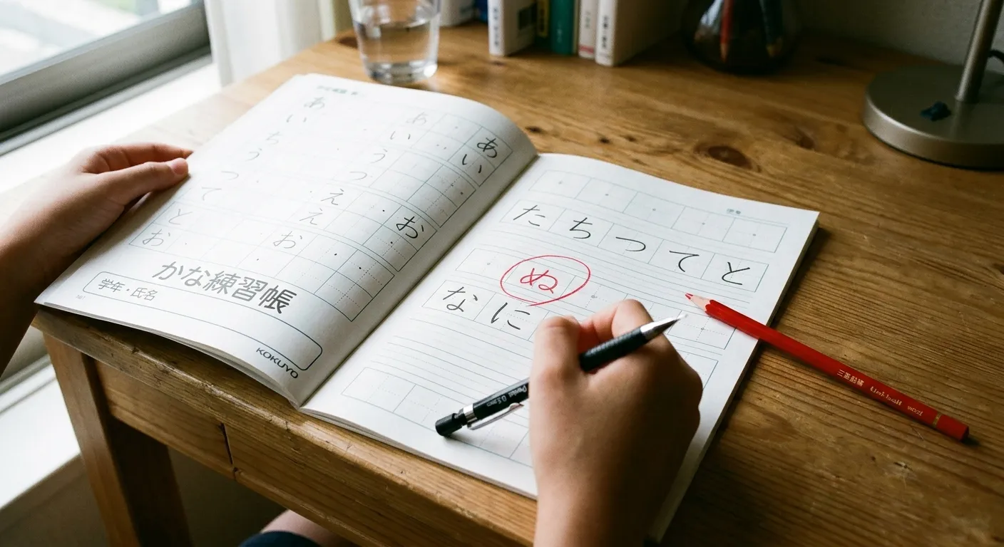 Primer plano de un cuaderno con caracteres hiragana y un carácter mal trazado marcado con lápiz rojo
