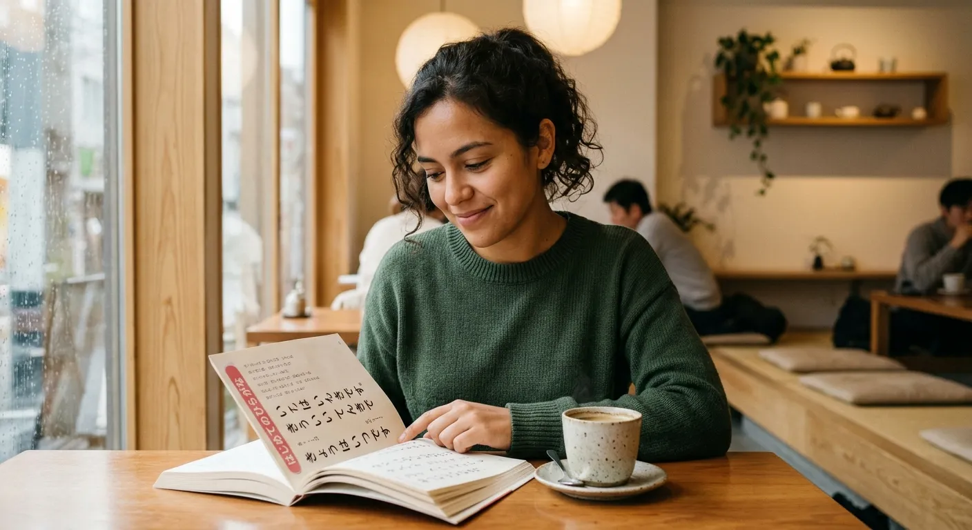 Joven latina leyendo un libro japonés en una cafetería moderna de Tokio con expresión satisfecha