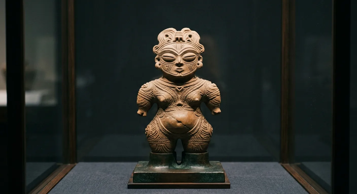 Figura dogū del Jōmon con marcas faciales en una vitrina de museo, tatuajes mágicos del Japón prehistórico