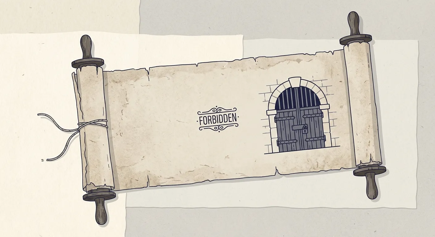 Ilustración minimalista de un pergamino con una marca y una puerta cerrada, cuando el tatuaje se volvió castigo