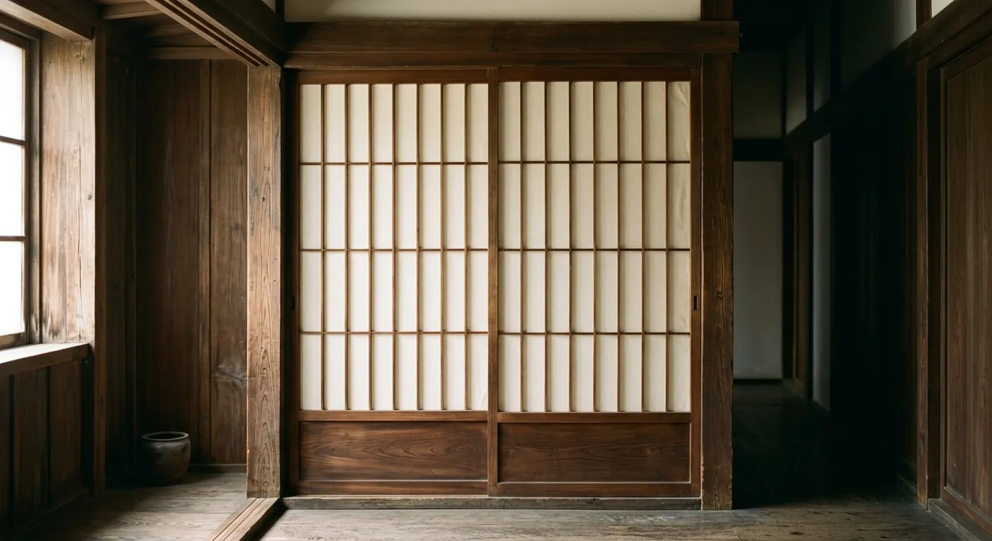 Puerta corrediza shoji cerrada de un edificio antiguo, el atraso del irezumi y la prohibición Meiji