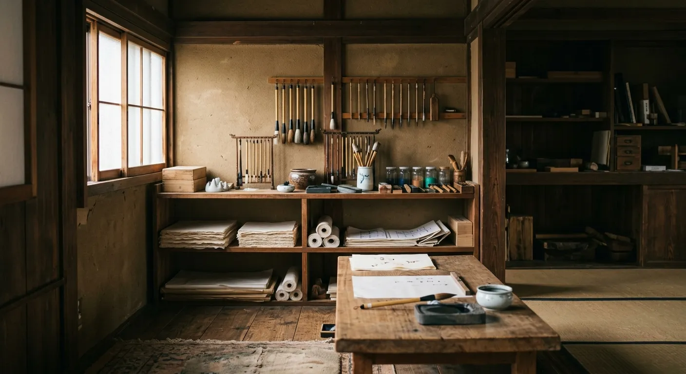 Interior tranquilo de un pequeño taller tradicional escondido con pinceles y papeles, la continuidad oculta del Shōwa