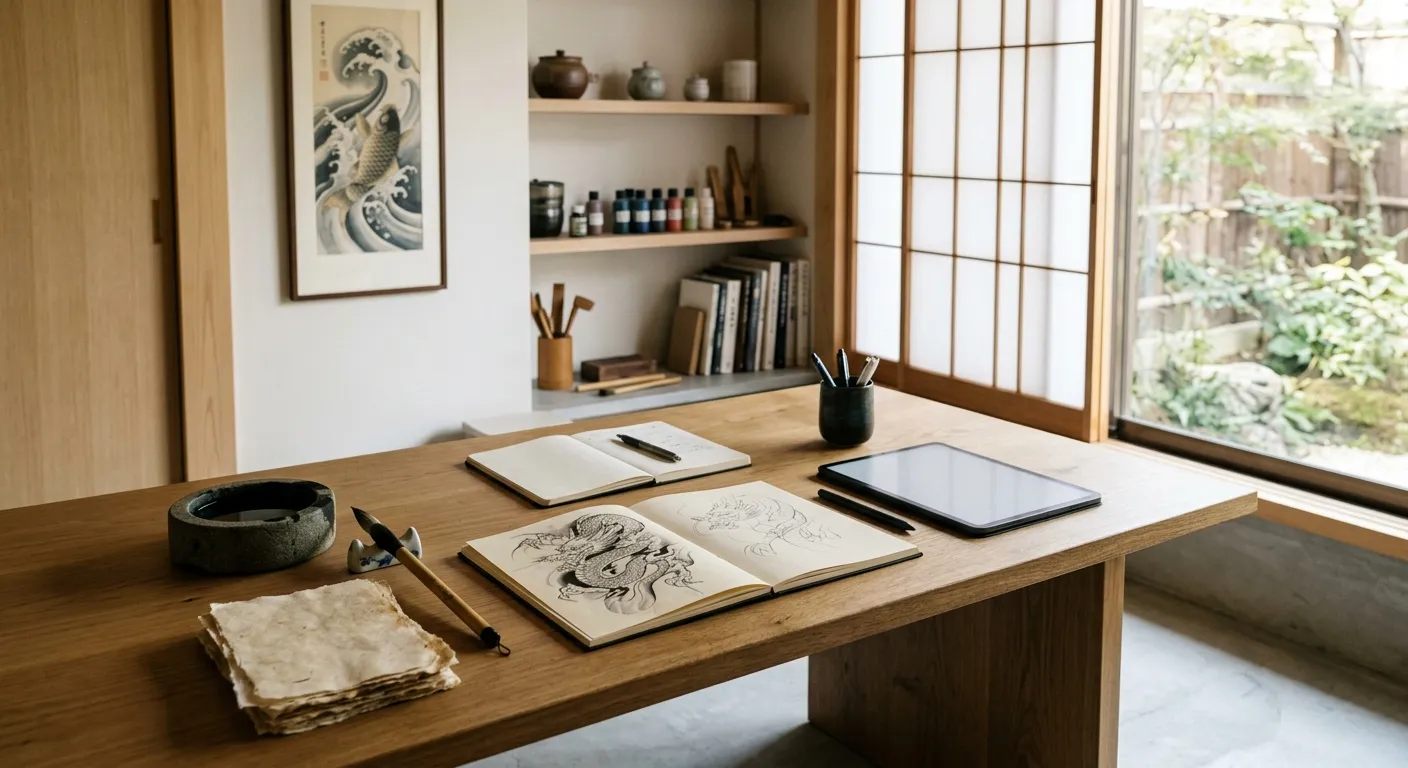 Estudio moderno con pinceles tradicionales junto a un escritorio contemporáneo, Heisei y Reiwa: cambios y continuidad
