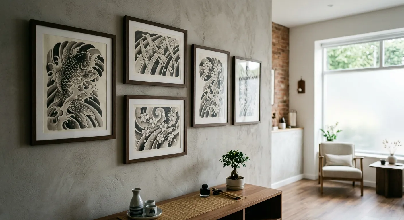 Estudio moderno en el extranjero exhibiendo diseños tradicionales irezumi como arte enmarcado, la influencia global del irezumi