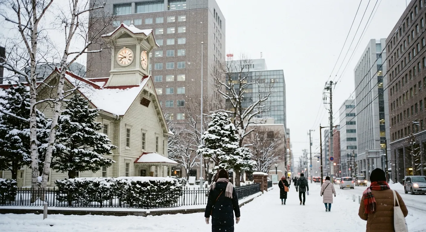 Centro de Sapporo nevado con el histórico torre del reloj, Sapporo: la capital del norte