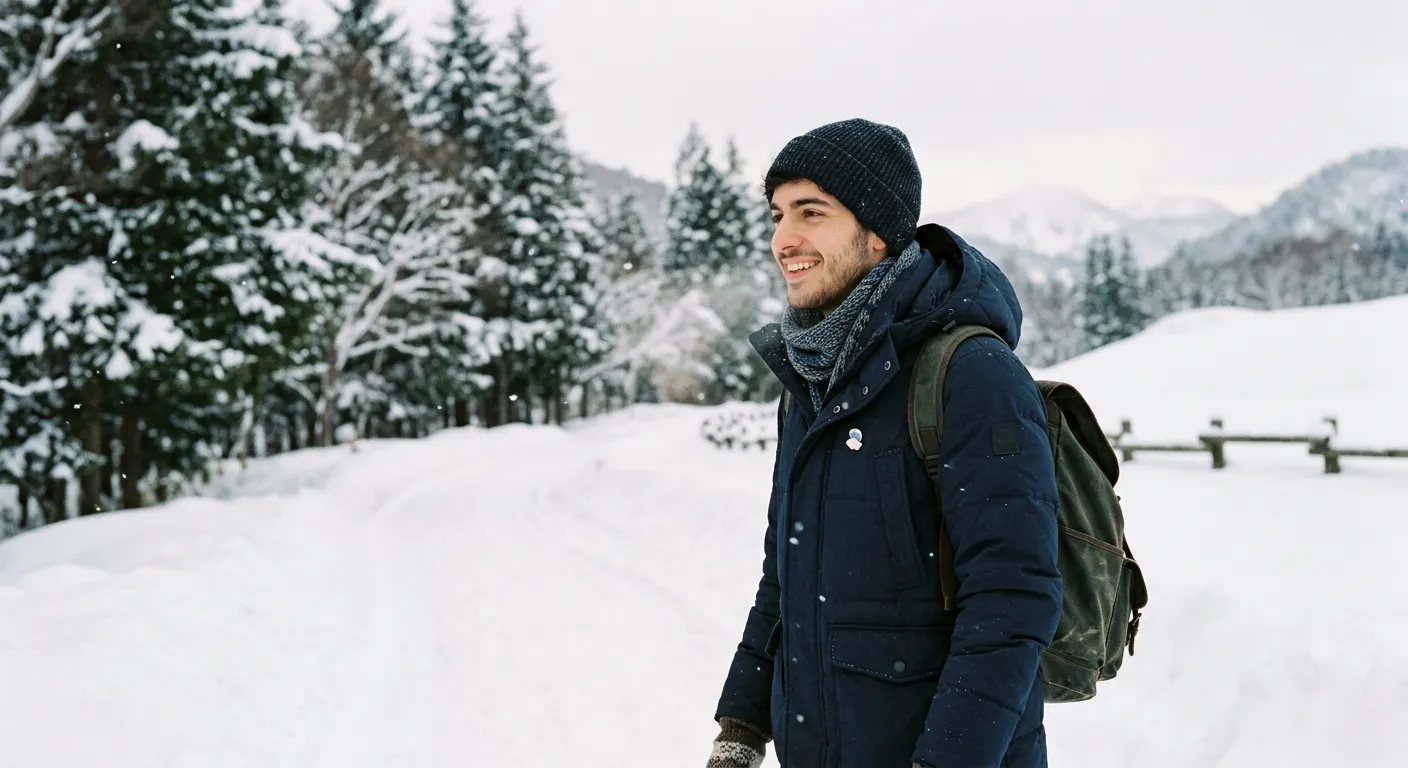 Joven viajero hispanohablante explorando un paisaje nevado de Hokkaidō, guía de viaje para explorar Hokkaidō