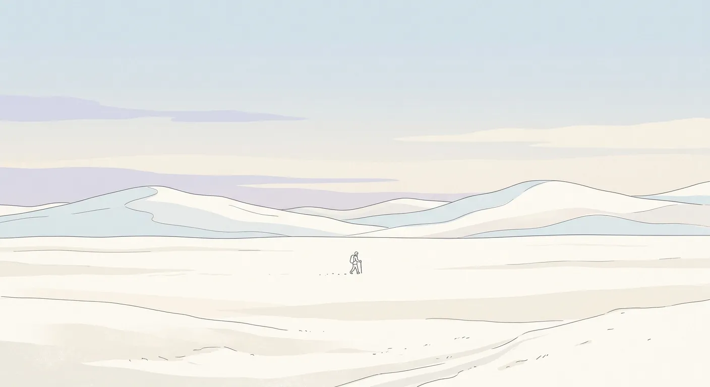 Ilustración minimalista de un vasto horizonte nevado de Hokkaidō, lo que Hokkaidō nos enseña