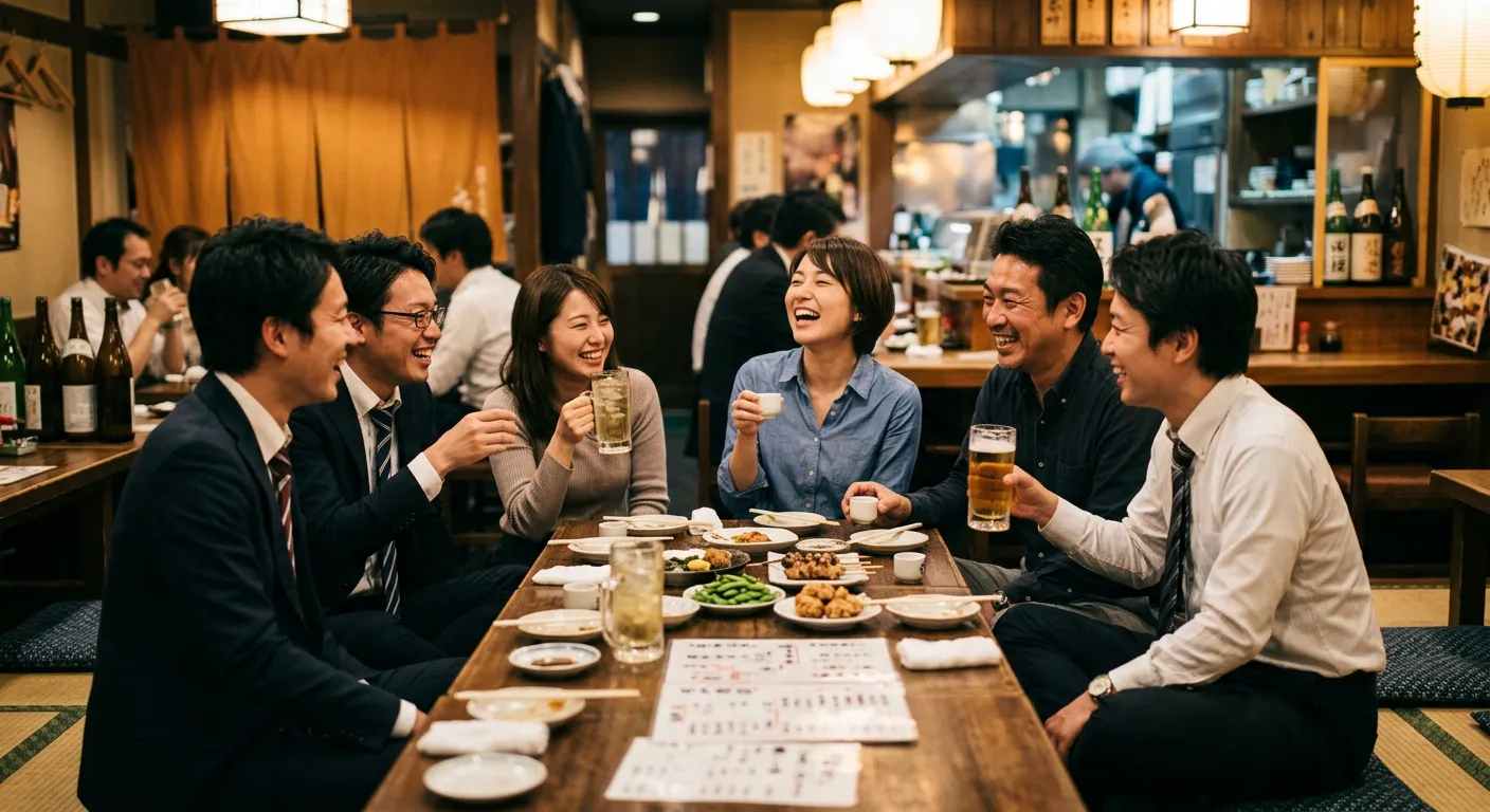 Companeros japoneses se sinceran en un nomikai en un izakaya