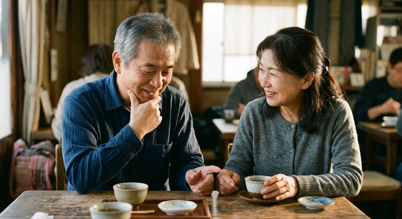 Dos personas japonesas comparten una sonrisa sincera entre cortesia y verdad