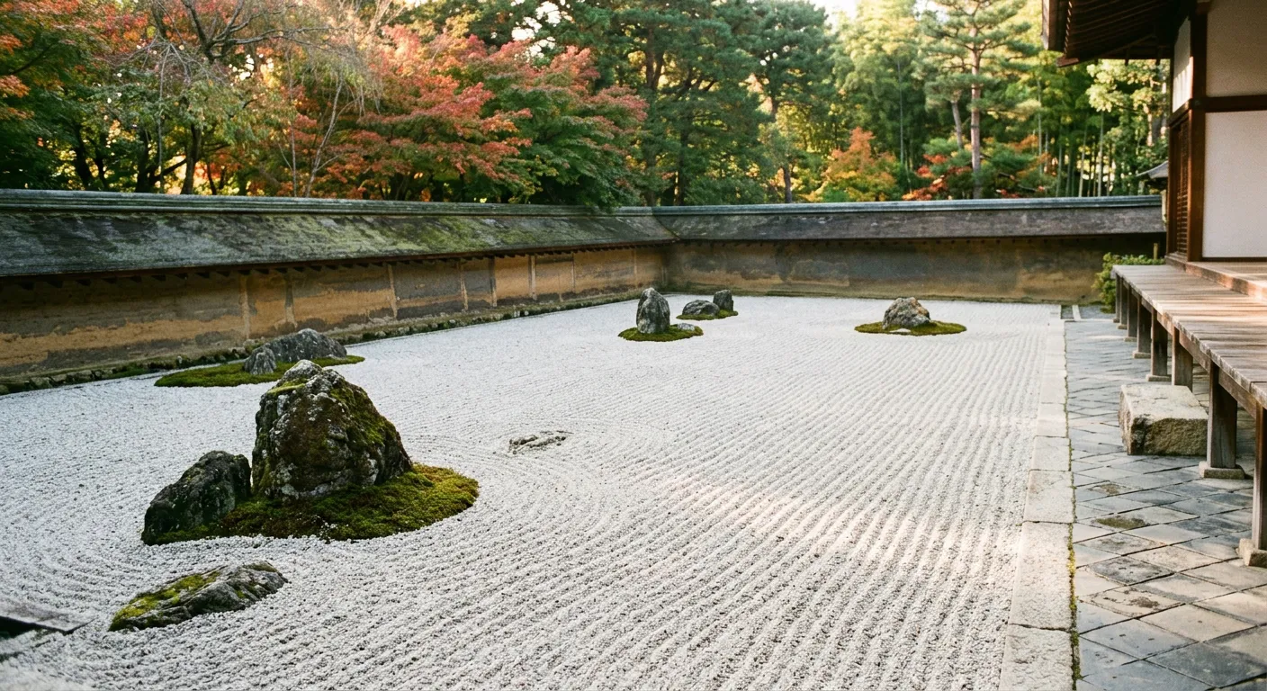 Jardín zen japonés con patrones de arena cuidadosamente rastrillados