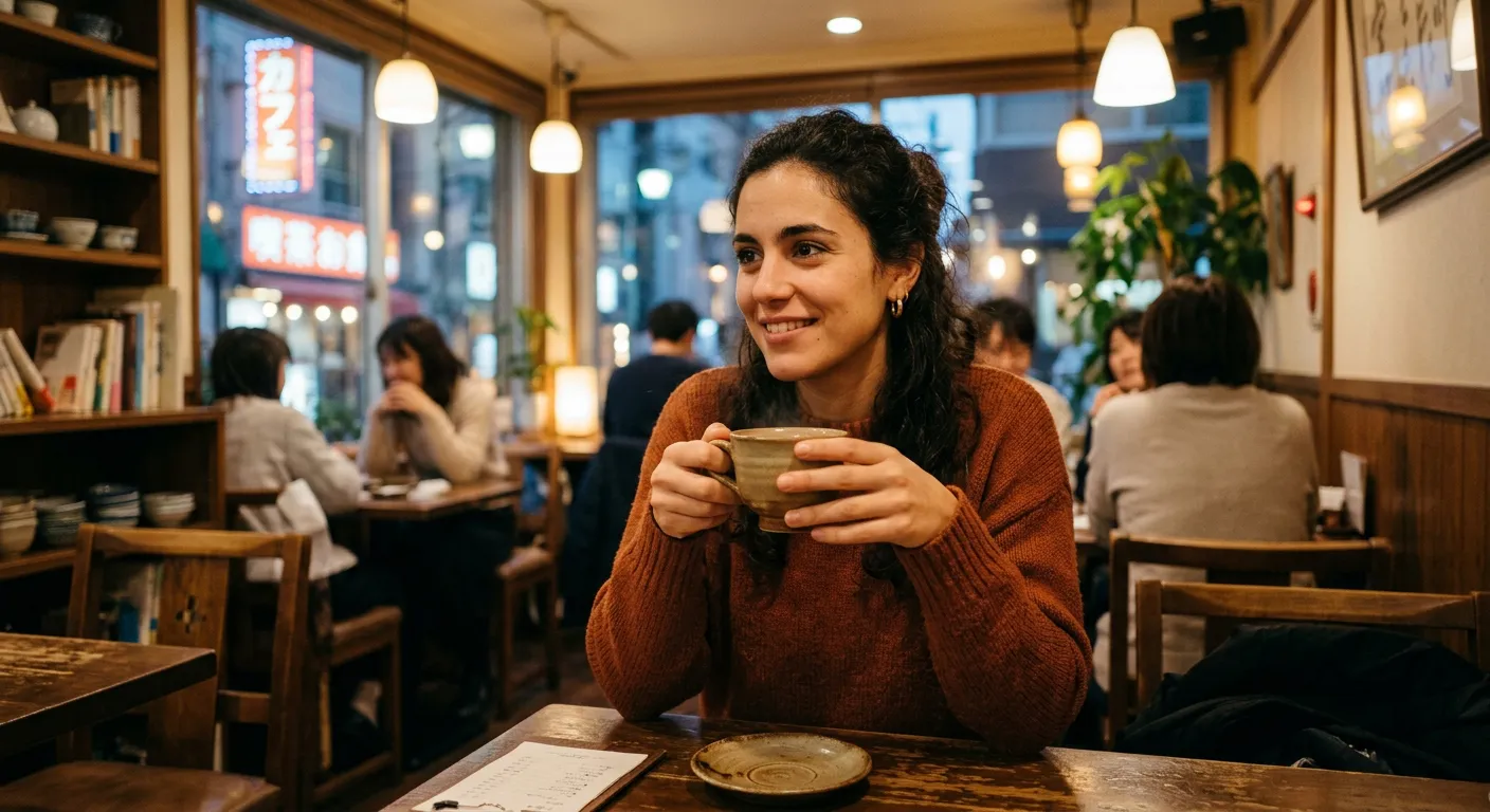 Joven castellana en café de Tokio sosteniendo taza de té con ambas manos y sonriendo