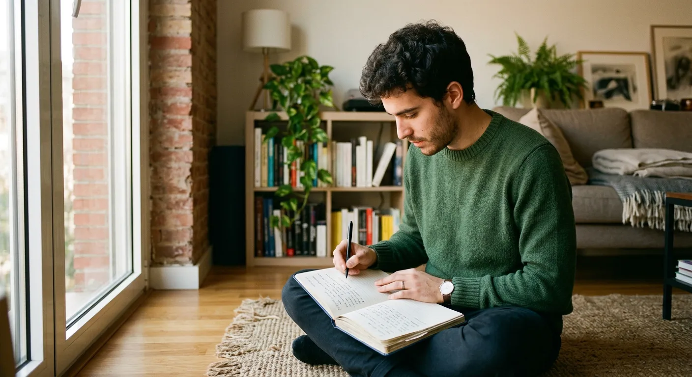 Joven castellano sentado en el suelo escribiendo valores en cuaderno