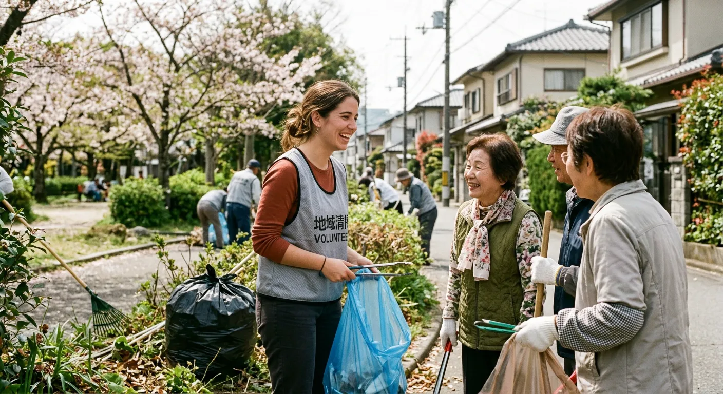 Joven castellana participando en limpieza vecinal voluntaria en Japón