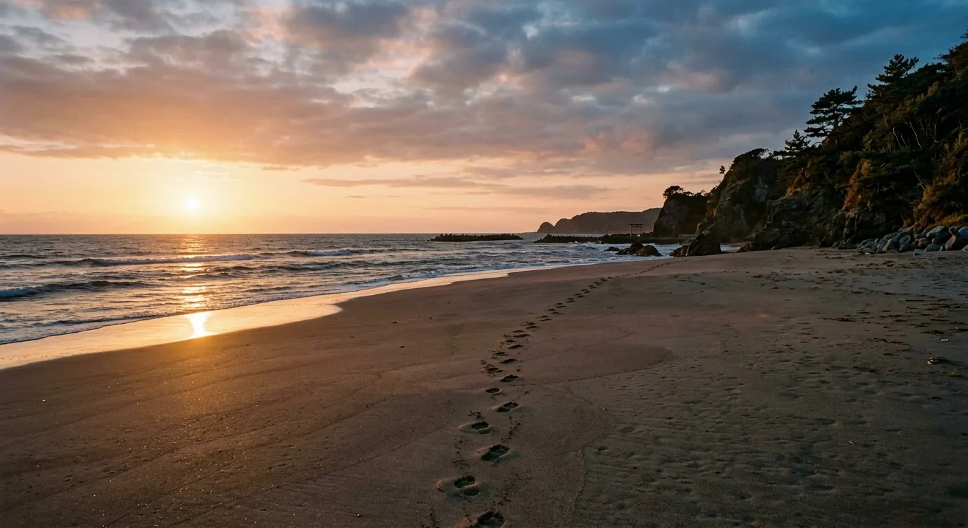 Playa japonesa al atardecer con huellas solitarias en la arena hacia el horizonte