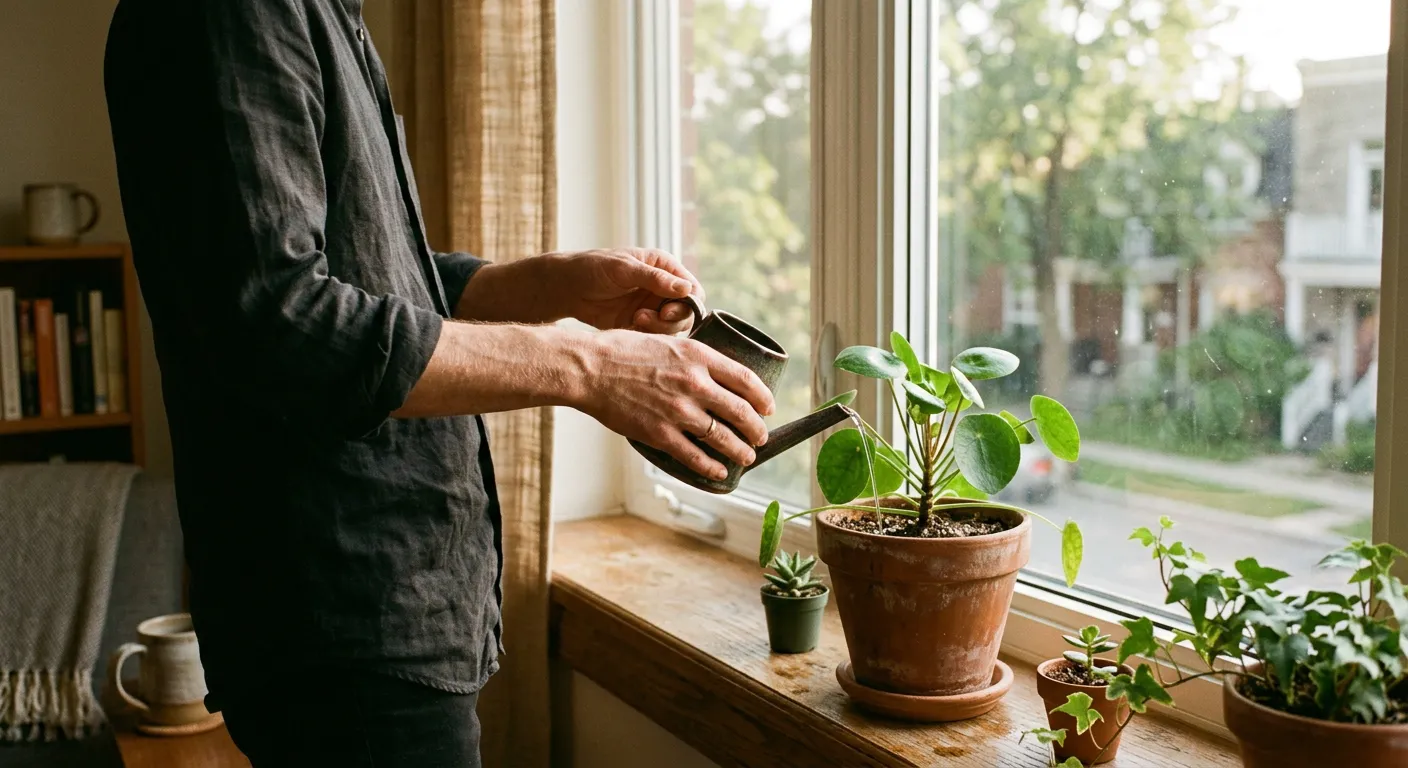 Manos regando una planta en el alféizar de ventana por la mañana