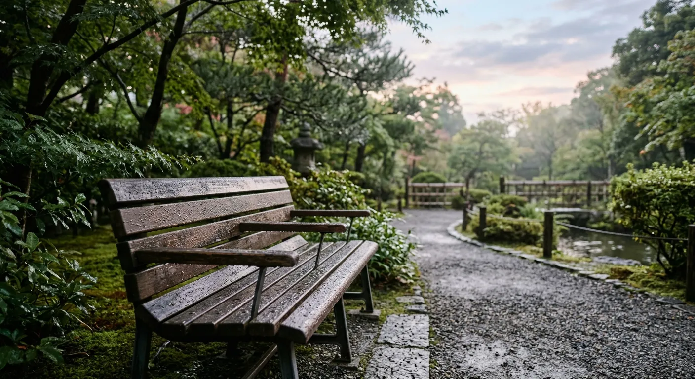 Banco de parque japonés con gotas de rocío por la mañana temprano